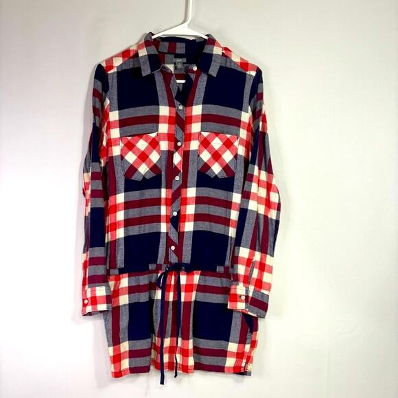Aerie Red White & Blue Plaid Shirt with Draw String Waist Size Medium SS0877 - Picture 1 of 9